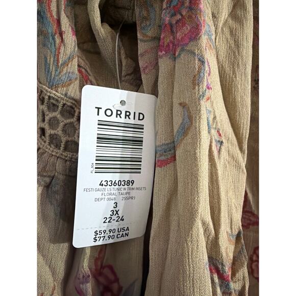 Festi Torrid Womens Plus Size Gauze Long Sleeve Tunic Taupe Floral Size 3 3X New - Picture 5 of 5